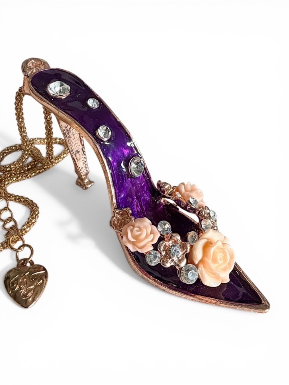 Betsey Johnson Purple Enamel Rose Crystal Mule Heel Pendant Necklace NWT - Picture 2 of 8
